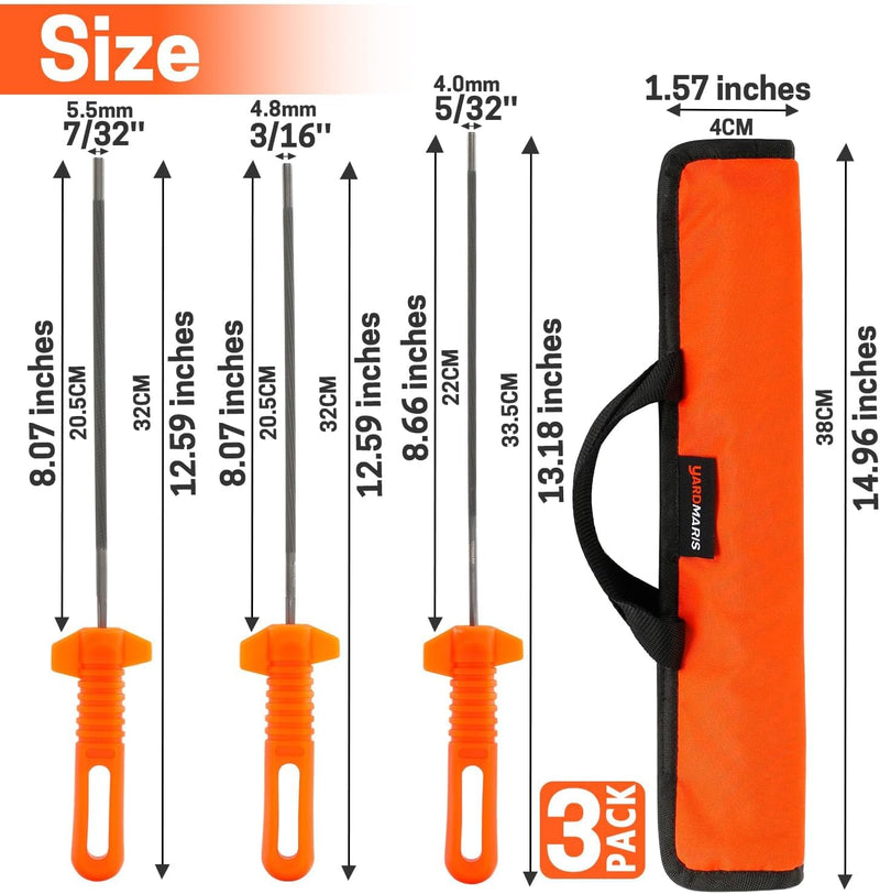 3 Pcs Chainsaw File Kit Includes 5/32", 3/16", 7/32" Round Files with Handle and Storage Bag Professional Chain Saw Sharpener Tool for All Chainsaw Chains
