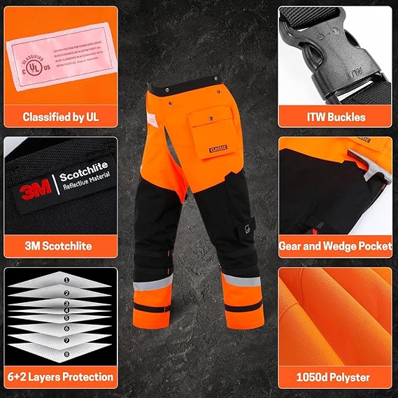 8 Layers Chainsaw Chaps, Heavy Duty Chain Saw Safety Equipment with Adjustable Belt and Gear Pocket, Classic D
