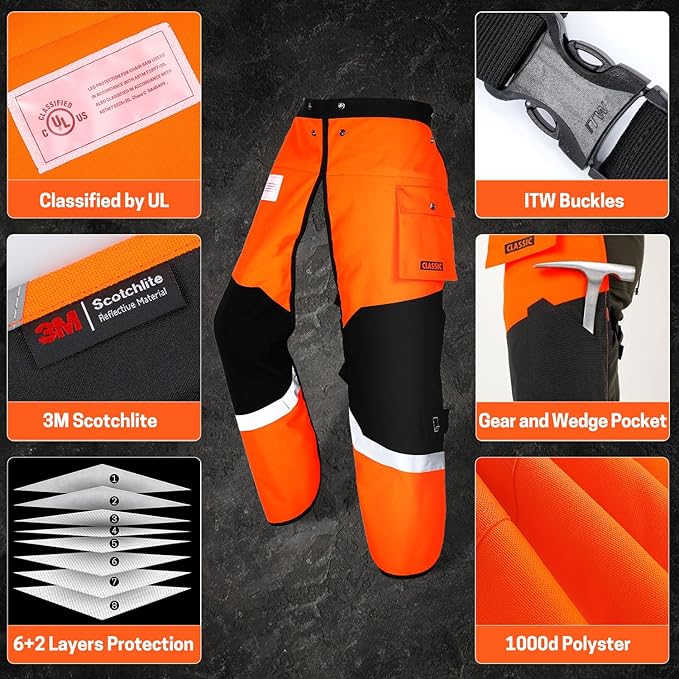 Chainsaw Chaps 8 Layers Heavy Duty Chain Saw Pants Safety Apron with Adjustable Waist and Pocket for Men/Women, Classic C