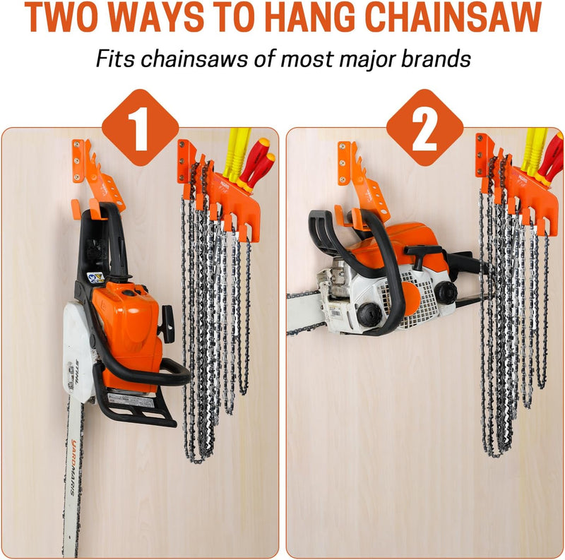Chainsaw Wall Mount & Chain Hanger, Heavy Duty Chainsaw Holder and Chainsaw Chain Wall Mount Set, Chainsaw Rack with Tool Storage Holes and 5-Chain Hooks for Garage Shed Organization