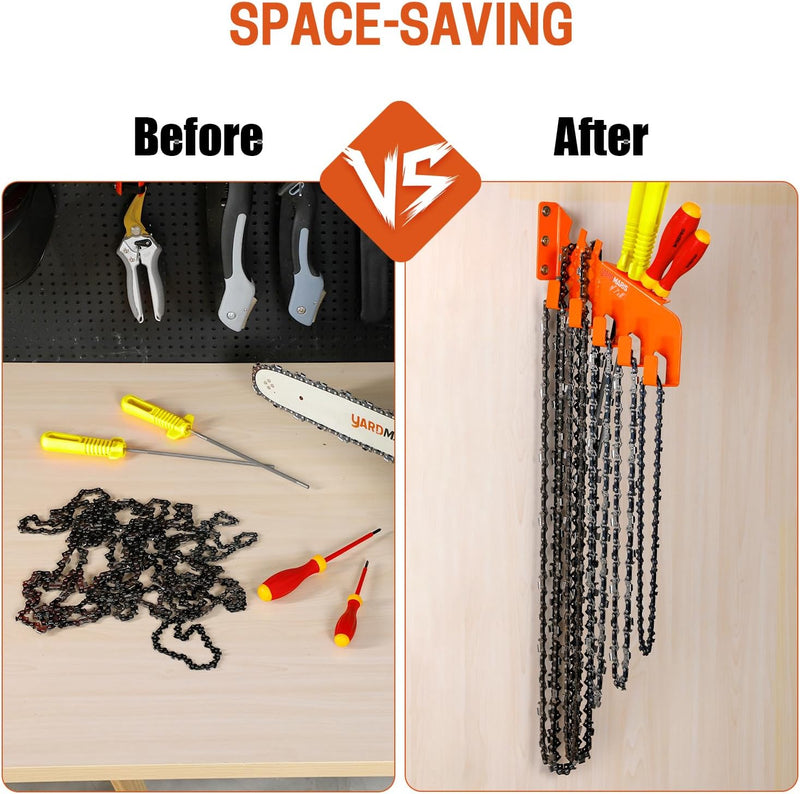 Chainsaw Chain Hanger, Chainsaw Chain Wall Mount with 5 Hooks, Heavy Duty Chainsaw Chain Holder, Chainsaw Chain Storage Rack, Chainsaw Accessories Garage Shed Organizer