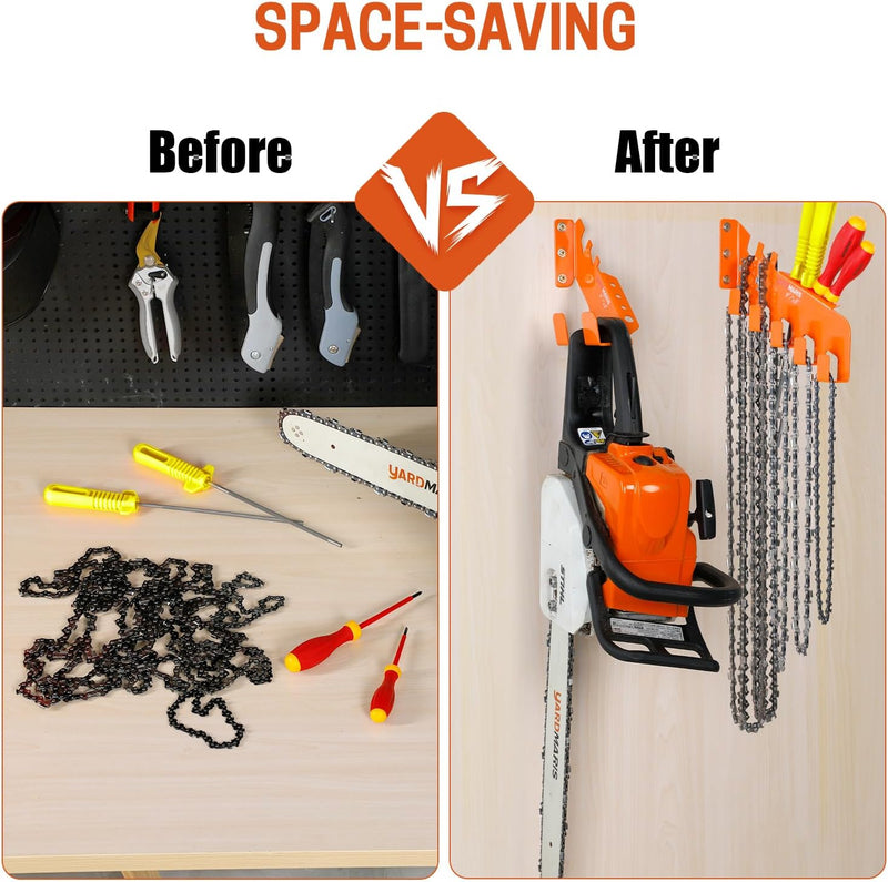 Chainsaw Wall Mount & Chain Hanger, Heavy Duty Chainsaw Holder and Chainsaw Chain Wall Mount Set, Chainsaw Rack with Tool Storage Holes and 5-Chain Hooks for Garage Shed Organization